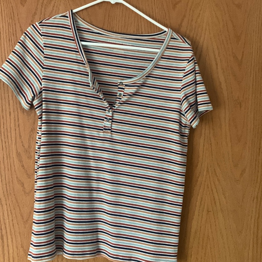 American Eagle Short Sleeve Striped 1/4 Button Top